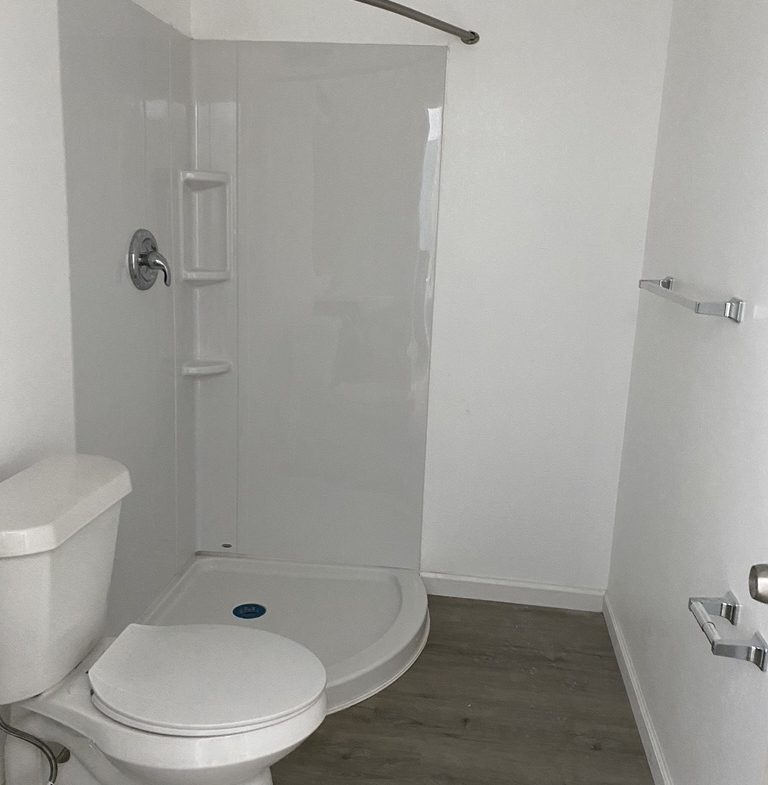 A bathroom with a toilet, shower and wood flooring.