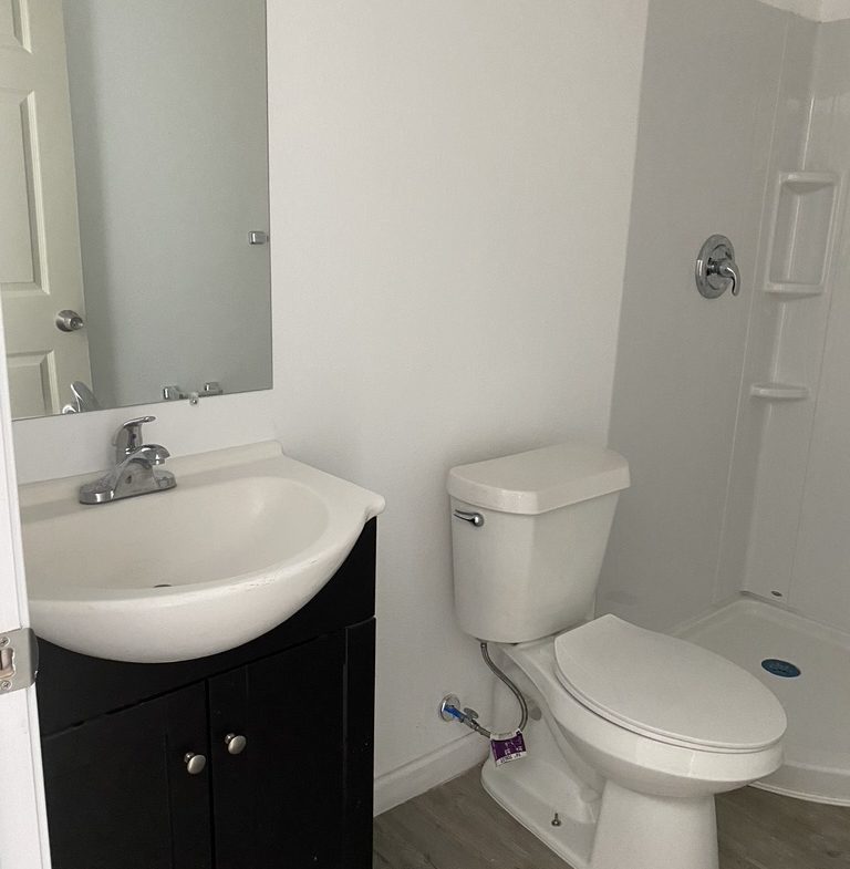 A bathroom with a sink, toilet and shower.