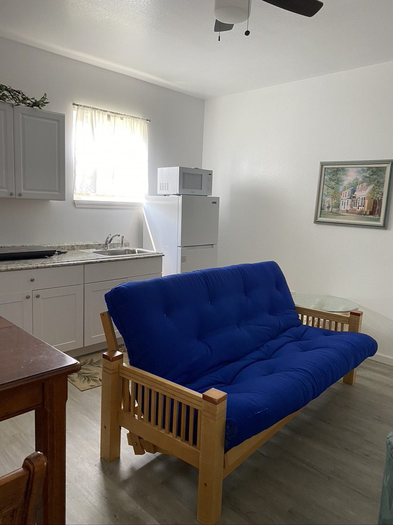 A blue futon in the living room of a small apartment.