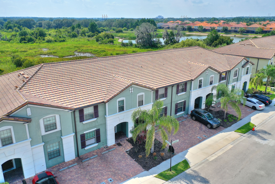 A view of the front of a building from above.