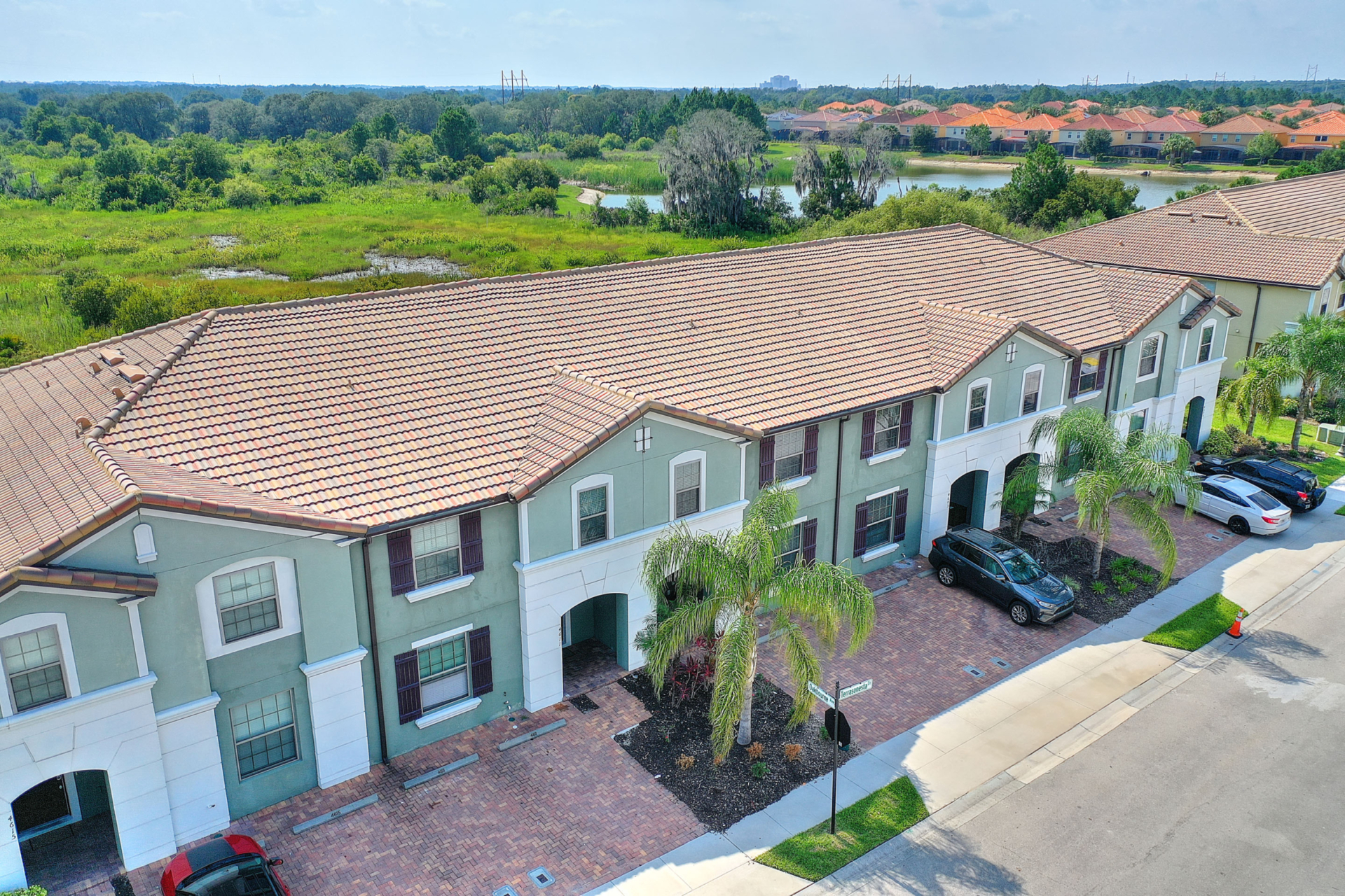 A view of the front of a building from above.