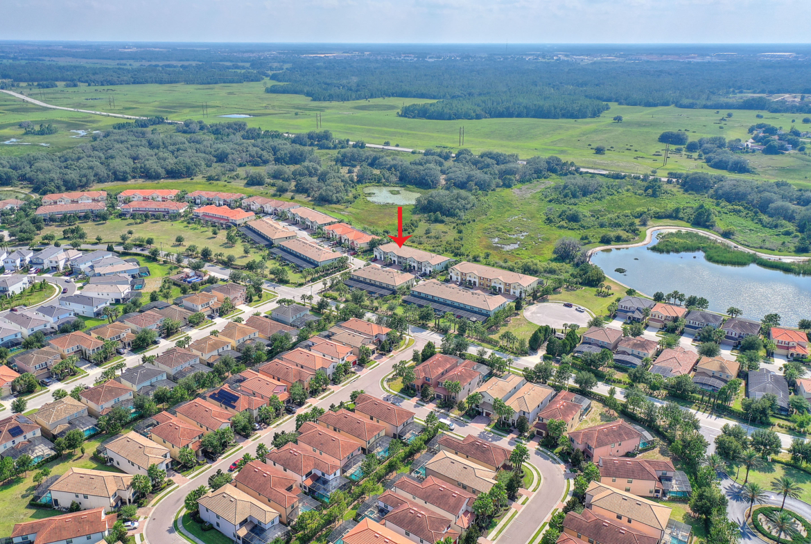 A aerial view of a neighborhood with lots of houses.