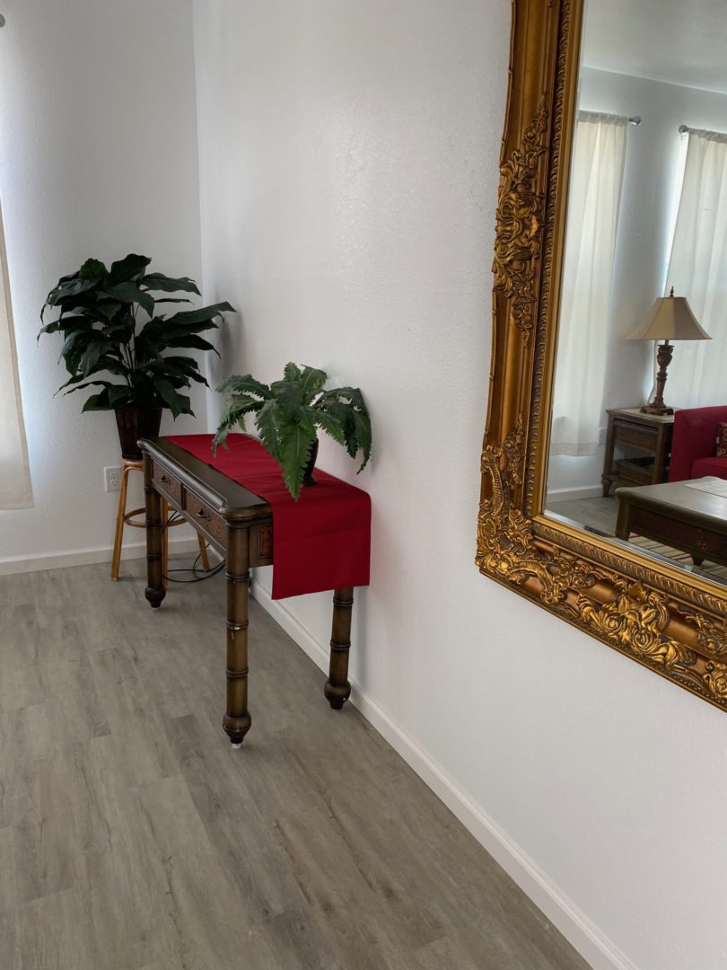 A table with plants and a mirror in the background