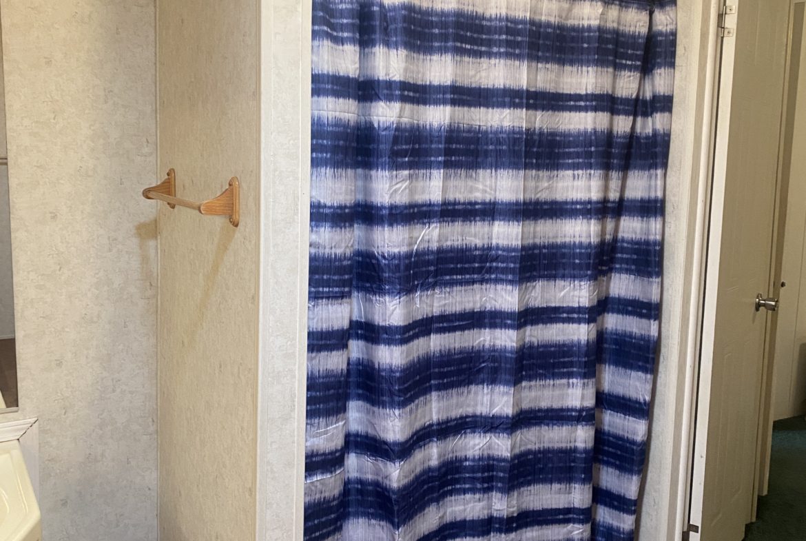 Blue striped shower curtain in bathroom.