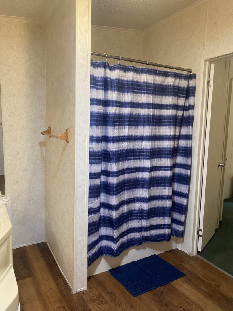 Blue striped shower curtain in bathroom.