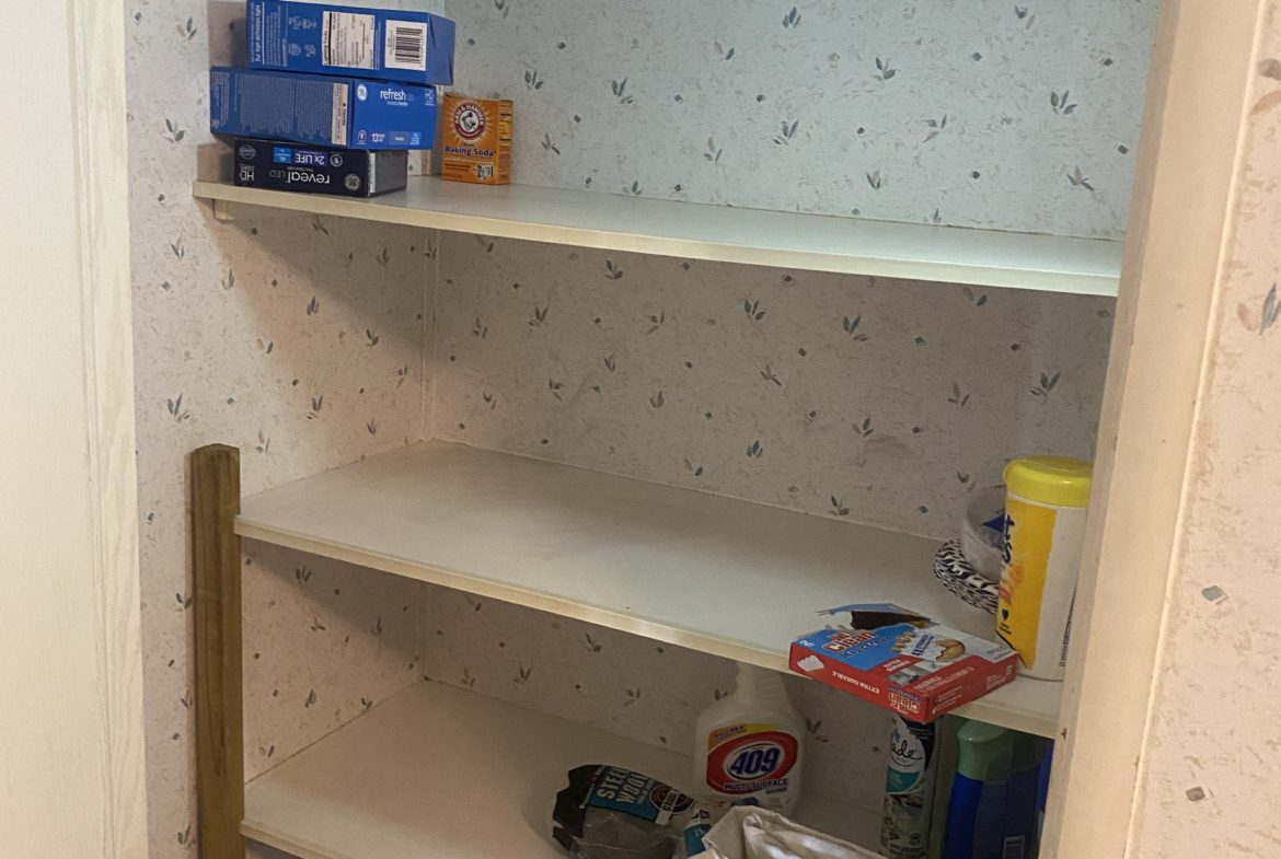 White shelves in a pantry with cleaning supplies.